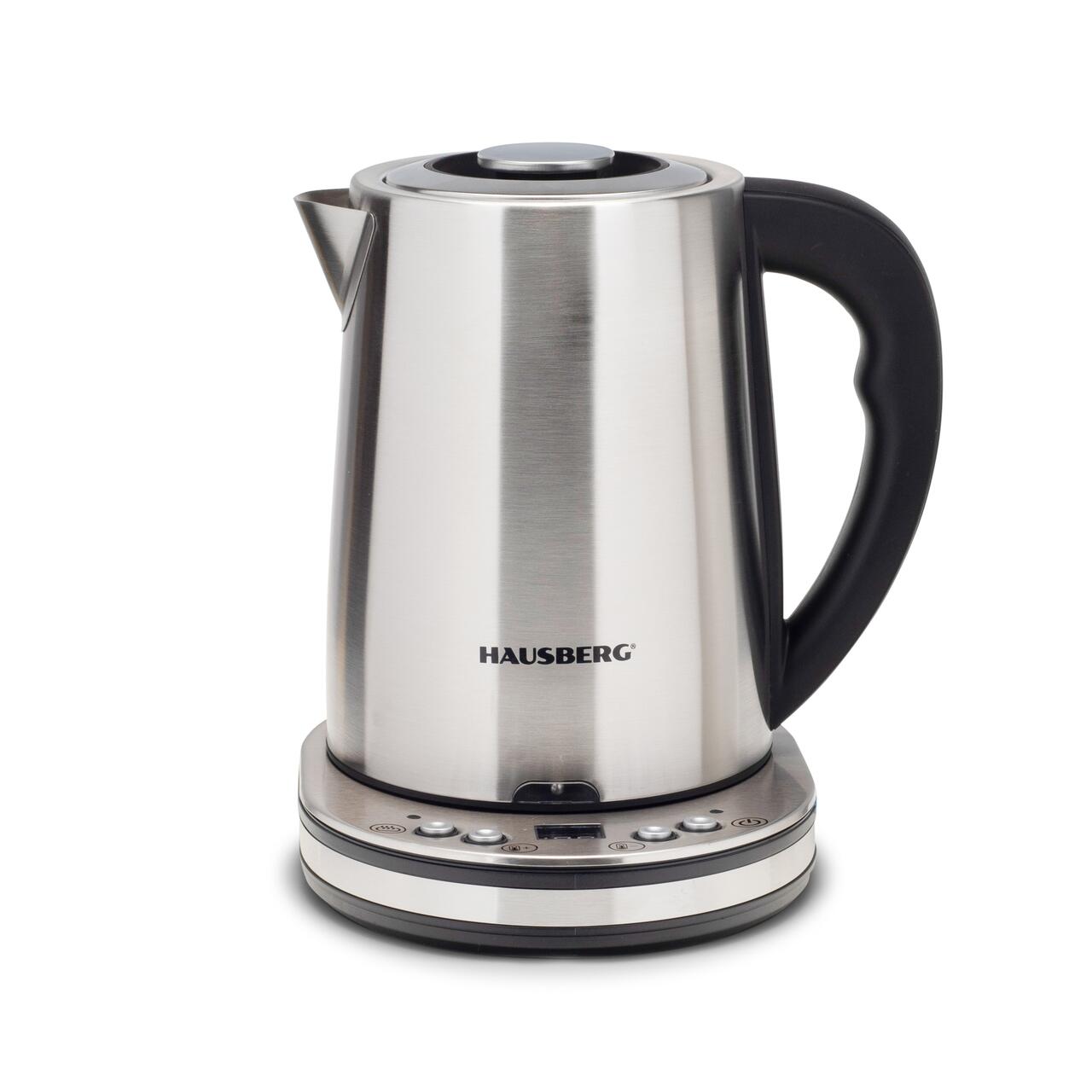 Aparat digital preparare ceai HAUSBERG HB-3640IN, 1500W, cana 1.7L, ceainic 1L, panou din otel inoxidabil cu afisaj digital, termostat, Inox