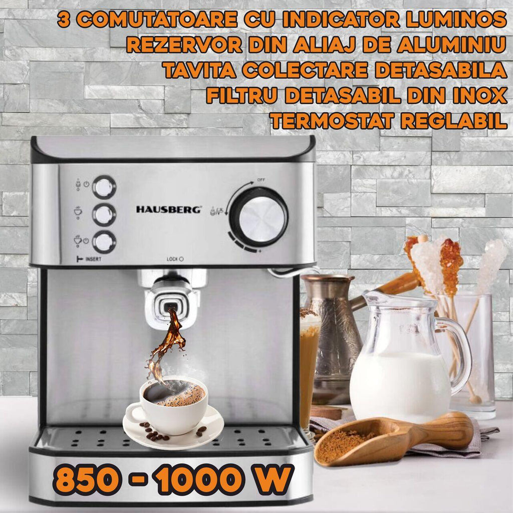 Espressor cafea HAUSBERG HB3725, cafea macinata, 15 bar, 850-1000 W, gri cu negru