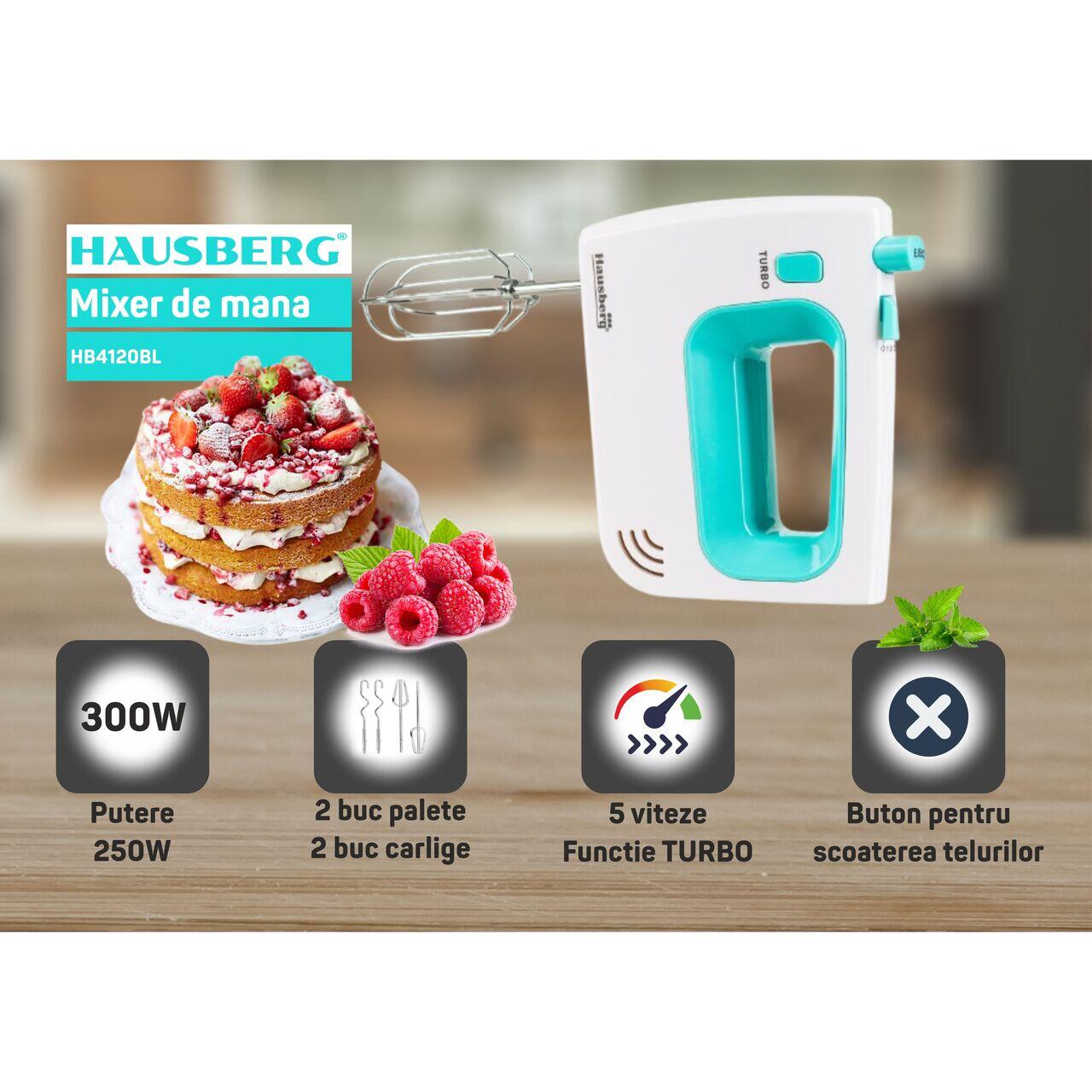 Mixer de mana Hausberg HB-4120BL, 300W ,5 viteze, Functie Turbo, Teluri si carlige metalice, Bleu/Alb Imagine secundară a produsului