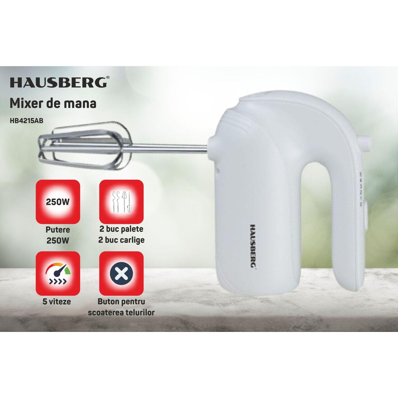 Mixer de mana HAUSBERG HB-4215AB, 250W, 5 viteze, Nivel zgomot 85 dB, Accesorii incluse, Alb Imagine secundară a produsului