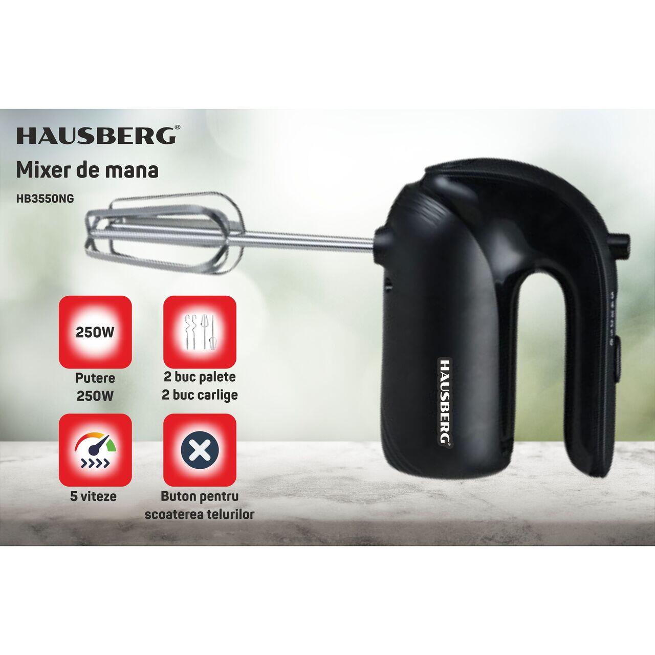 Mixer de mana HAUSBERG HB-4215NG, 250W, 5 viteze, Nivel zgomot 85 dB, Accesorii incluse, Negru Imagine secundară a produsului