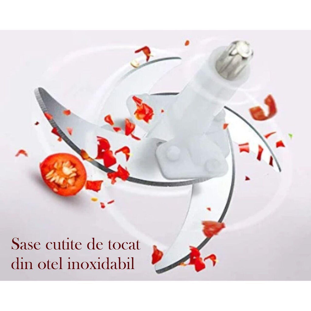 Tocator electric HAUSBERG HB-4507IN, 400-500W, 1 treapta de viteza, 1.2 litri, bol din sticla, 6 cutite cu lame din otel inoxidabil, argintiu