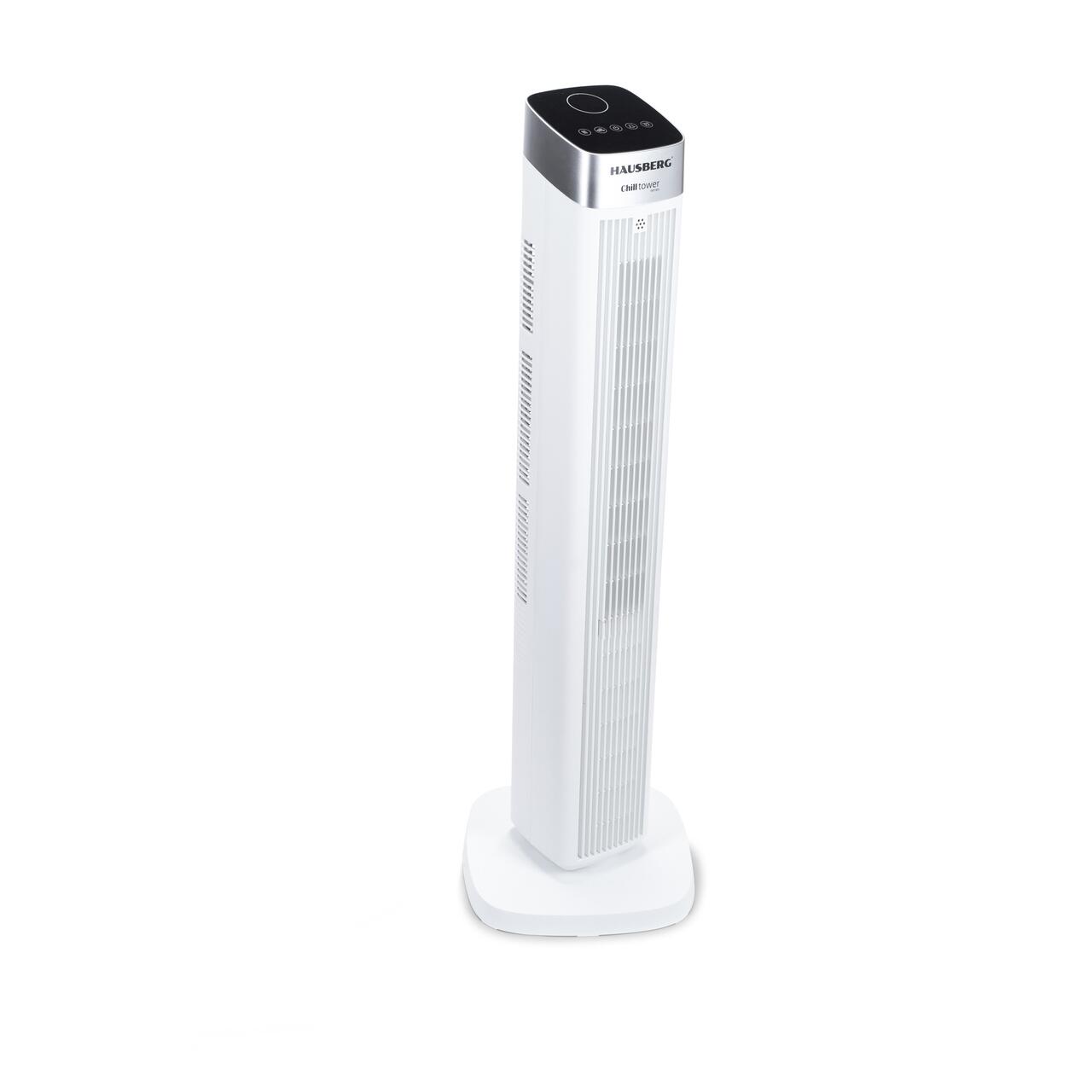 Ventilator turn digital Hausberg HB-5953AB, 55W, 41 inch, 3 viteze, 3 moduri, temporizator 24h, LED, oscilatie, telecomanda, difuzor parfum, alb