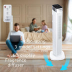 Ventilator turn digital Hausberg HB-5953AB, 55W, 41 inch, 3 viteze, 3 moduri, temporizator 24h, LED, oscilatie, telecomanda, difuzor parfum, alb