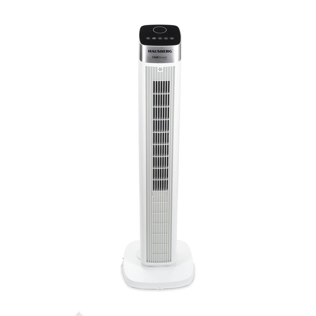 Ventilator turn digital Hausberg HB-5953AB, 55W, 41 inch, 3 viteze, 3 moduri, temporizator 24h, LED, oscilatie, telecomanda, difuzor parfum, alb