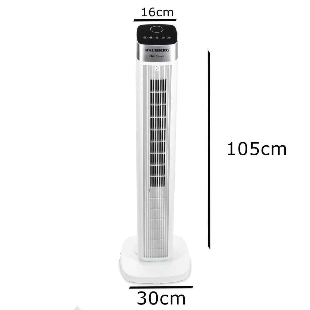 Ventilator turn digital Hausberg HB-5953AB, 55W, 41 inch, 3 viteze, 3 moduri, temporizator 24h, LED, oscilatie, telecomanda, difuzor parfum, alb