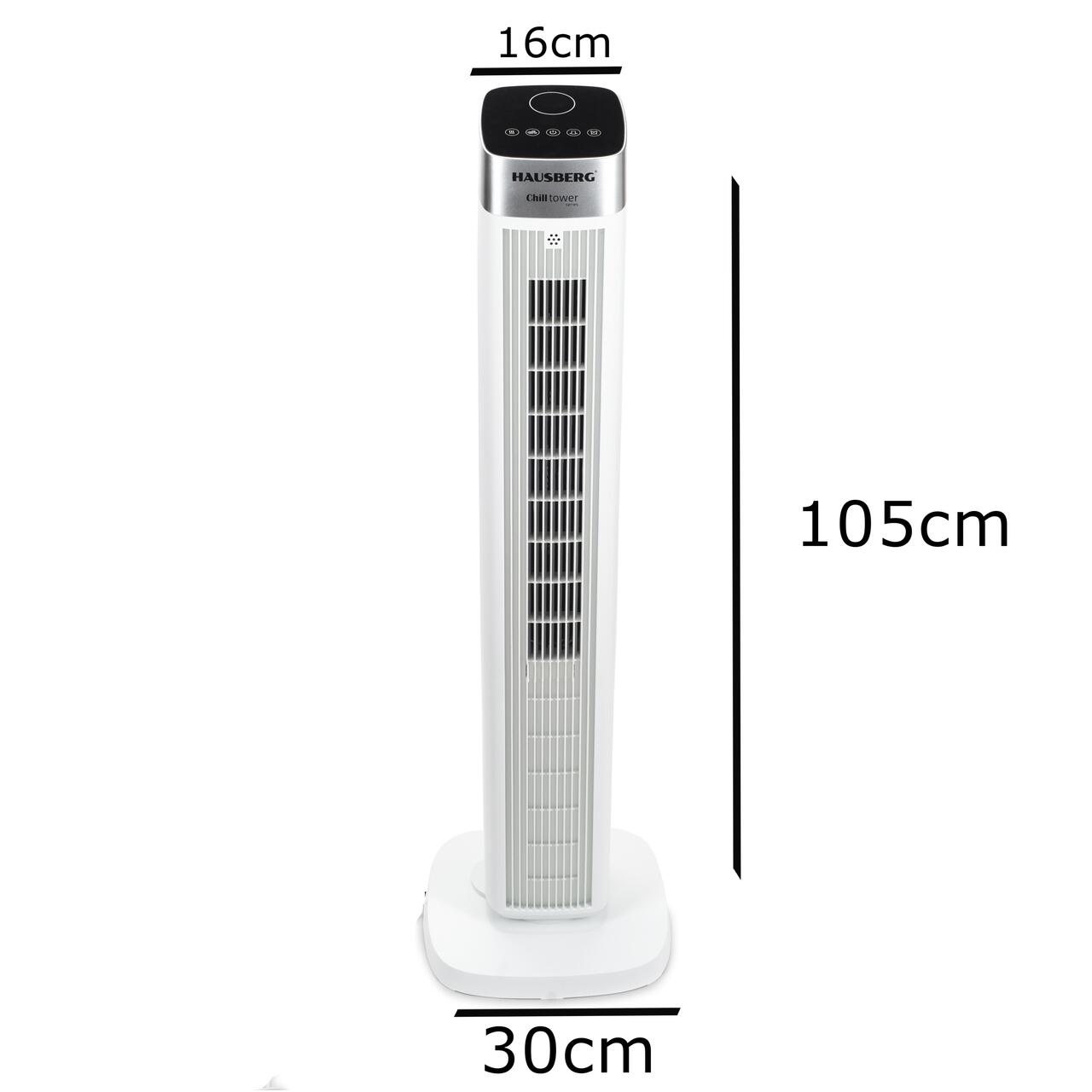 Ventilator turn digital Hausberg HB-5953AB, 55W, 41 inch, 3 viteze, 3 moduri, temporizator 24h, LED, oscilatie, telecomanda, difuzor parfum, alb