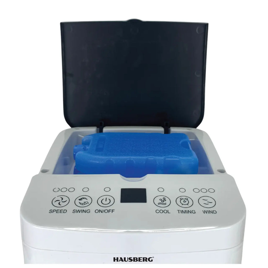Ventilator cu racire si umidificare Hausberg HB-5955, 3 viteze, temporizator 12h, rezervor 4L, telecomanda, alb