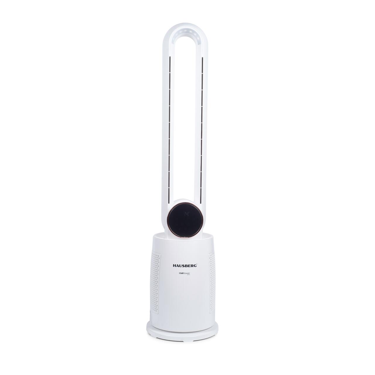 Ventilator turn digital Hausberg HB-5957AB, 65W, 12 viteze, 4 programe, ionizare negativa, temporizator 12h, oscilatie 40°, LED, telecomanda, alb