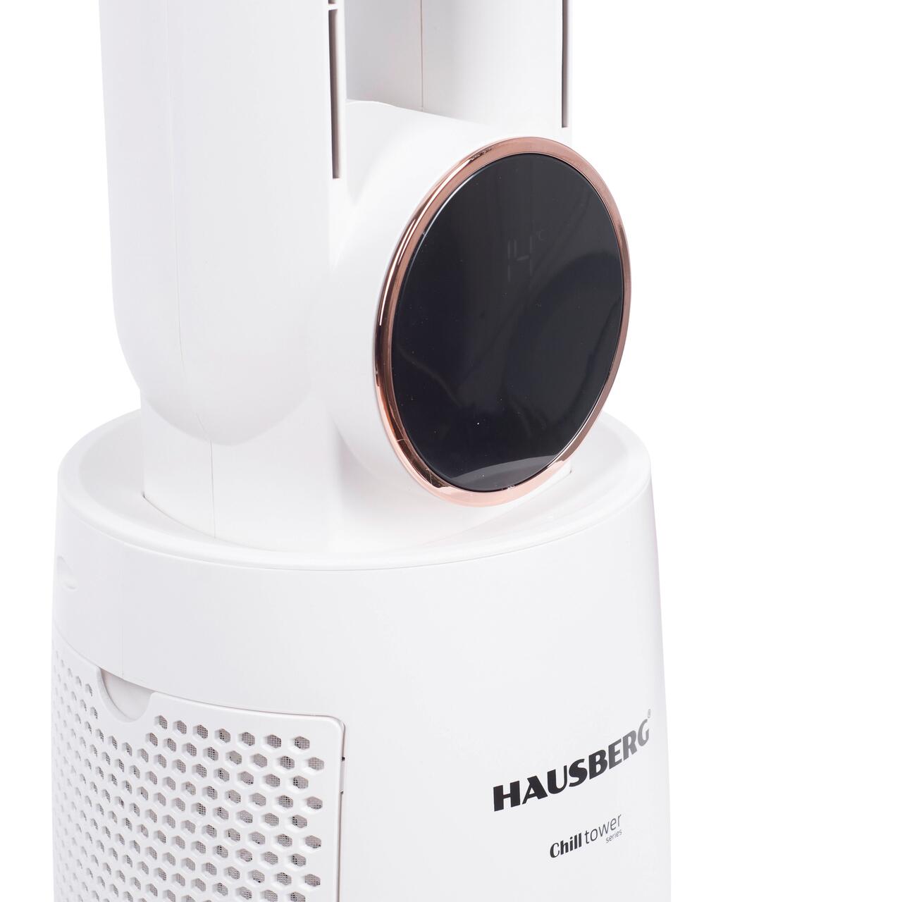 Ventilator turn digital Hausberg HB-5957AB, 65W, 12 viteze, 4 programe, ionizare negativa, temporizator 12h, oscilatie 40°, LED, telecomanda, alb
