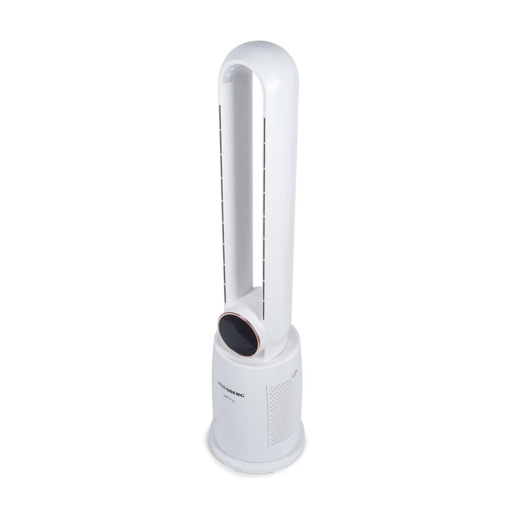 Ventilator turn digital Hausberg HB-5957AB, 65W, 12 viteze, 4 programe, ionizare negativa, temporizator 12h, oscilatie 40°, LED, telecomanda, alb