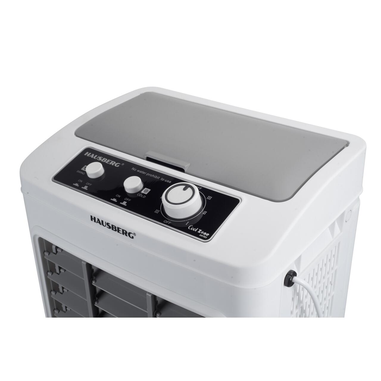 Racitor de aer portabil Hausberg HB-5961AB, 75W, rezervor 20L, 3 viteze, control mecanic, 2 cutii gheata, alb