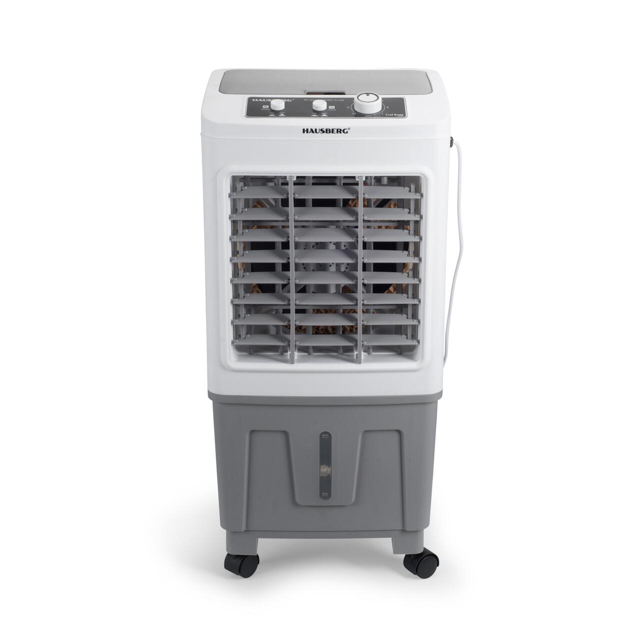 Racitor de aer portabil Hausberg HB-5961AB, 75W, rezervor 20L, 3 viteze, control mecanic, 2 cutii gheata, alb