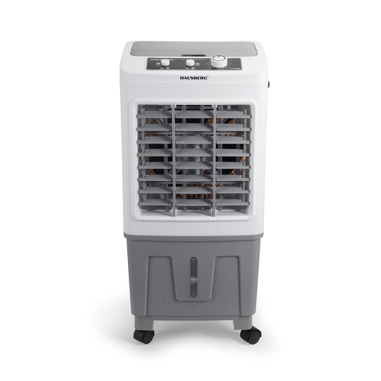 Racitor de aer portabil Hausberg HB-5961AB, 75W, rezervor 20L, 3 viteze, control mecanic, 2 cutii gheata, alb