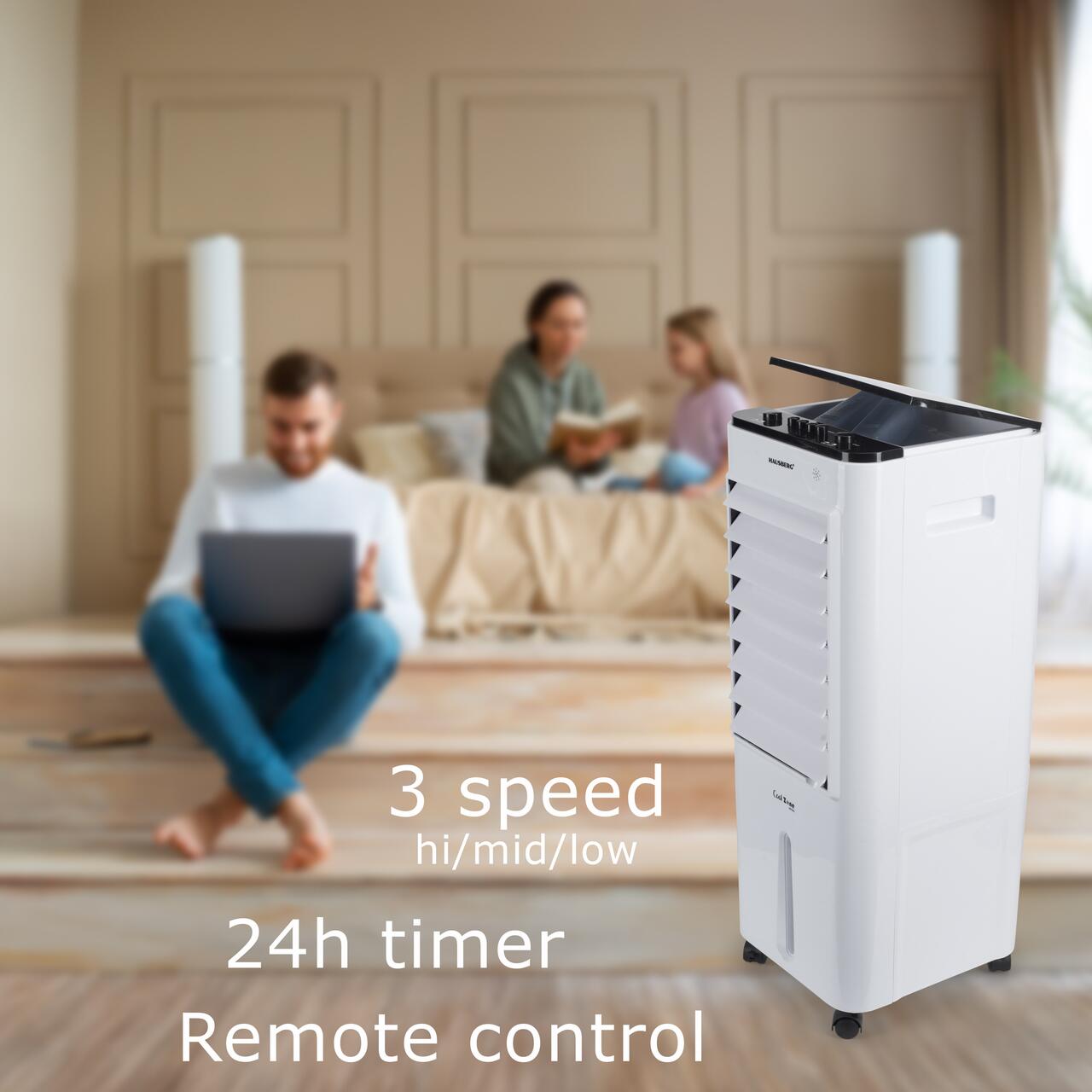 Racitor de aer portabil Hausberg HB-5963AB, 55–80W, rezervor 12L, 3 viteze, functie Turbo, oscilatie 60°, control mecanic, alb