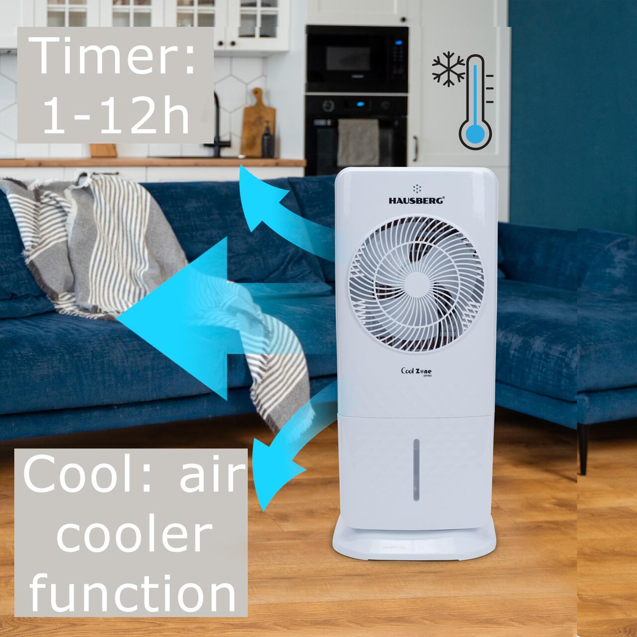 Racitor de aer portabil Hausberg HB-5964AB, 65W, 5.5L, 3 viteze, 5 programe, 3 moduri, oscilatie 40°, temporizator 12h, LED, telecomanda