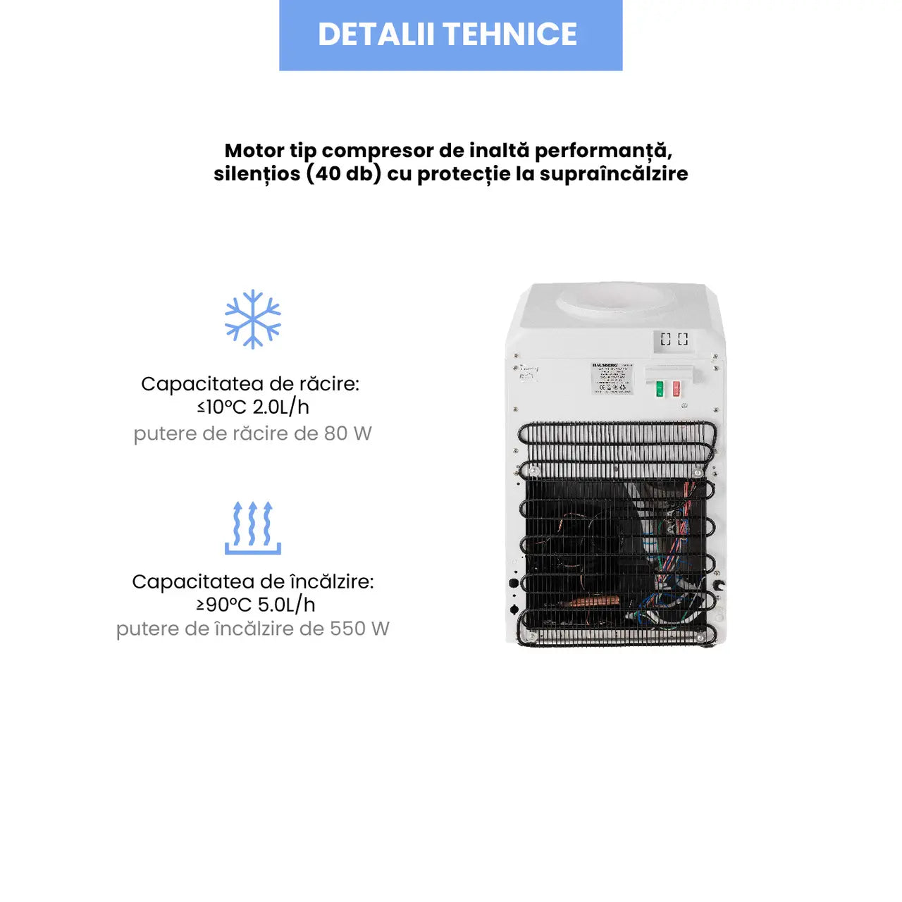 Dozator apa Hausberg HB-6026AB, putere incalzire 550 W, putere racire 80 W, indicatoare LED pentru apa calda si rece, termostat automat, Alb