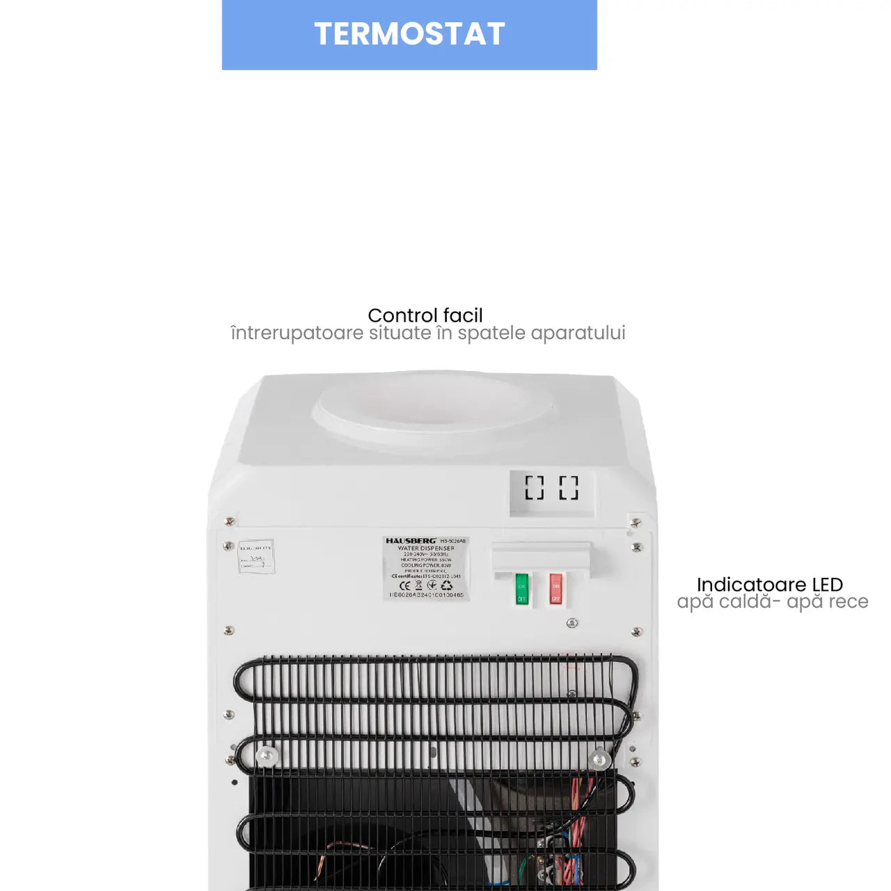 Dozator apa Hausberg HB-6026AB, putere incalzire 550 W, putere racire 80 W, indicatoare LED pentru apa calda si rece, termostat automat, Alb