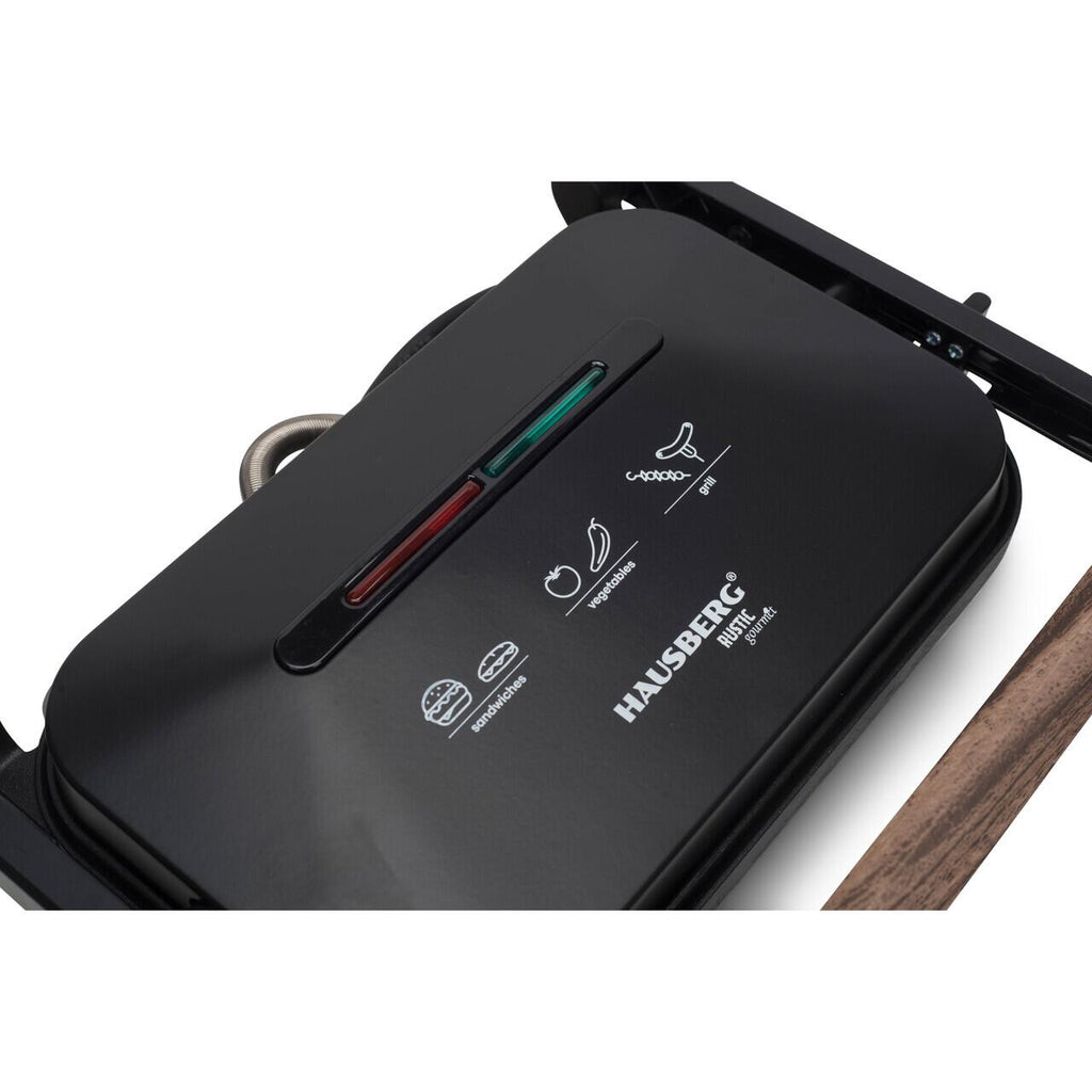 Sandwich-maker Grill HAUSBERG HB-632, 1100-1300 W, Panini, Placi nonaderente, Maner rece, Negru