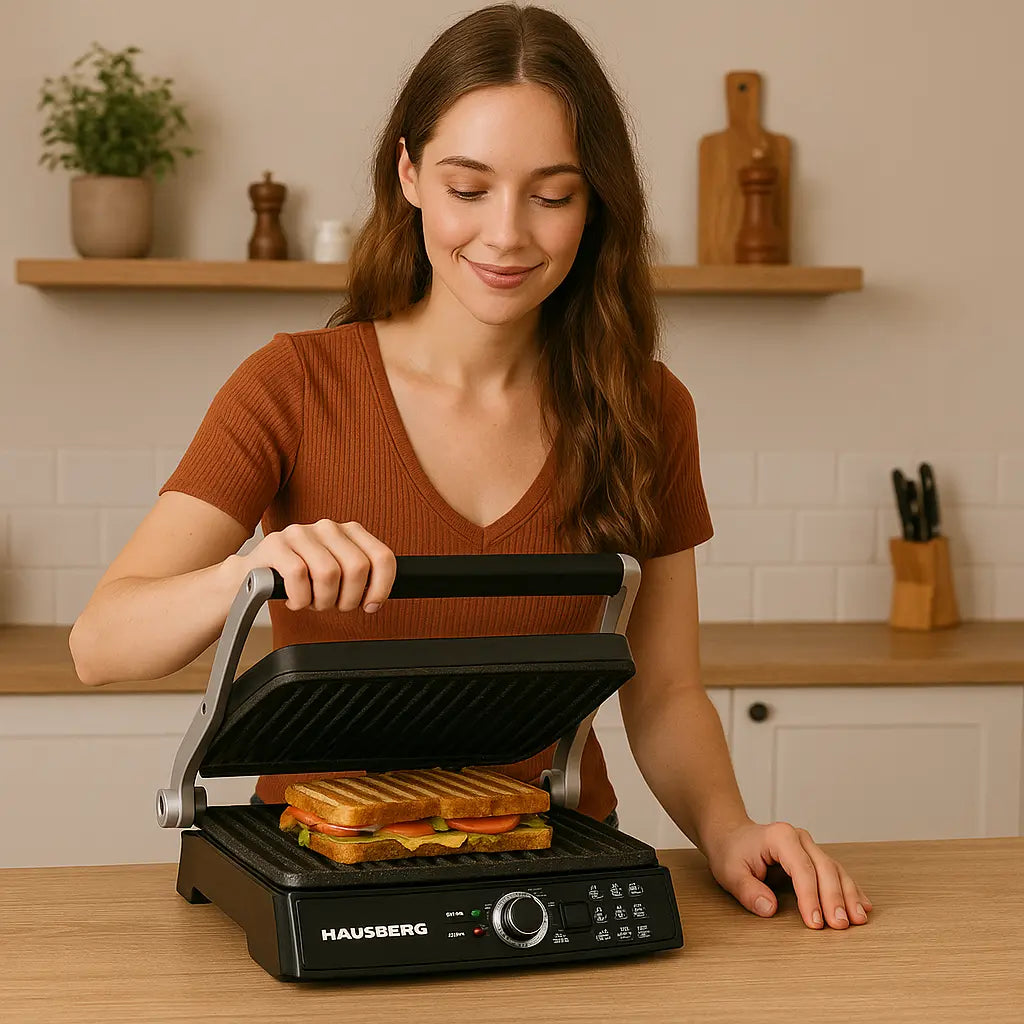 Grill electric Hausberg HB633RS, 2000-2200 W, placi antiaderente, suprafata de gatire 30x24.5 cm, termostat, Rosu Imagine secundară a produsului