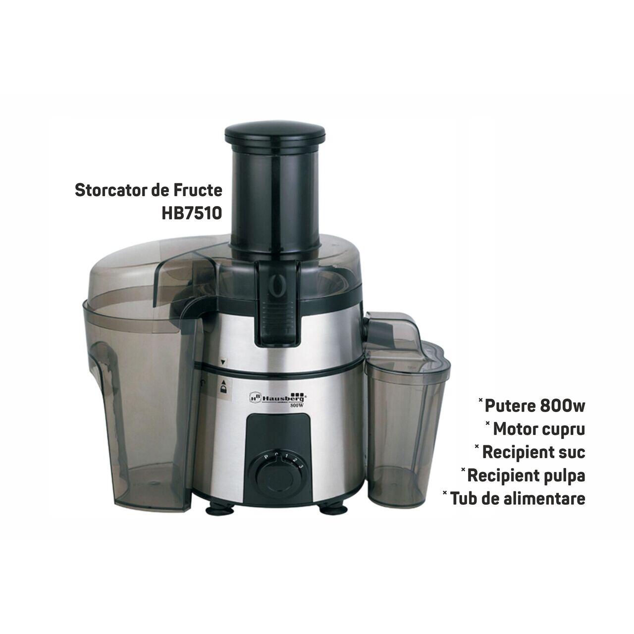 Storcator de Fructe Hausberg HB7510, 800W,Inox/Negru, Lame Otel Inoxidabil Imagine secundară a produsului