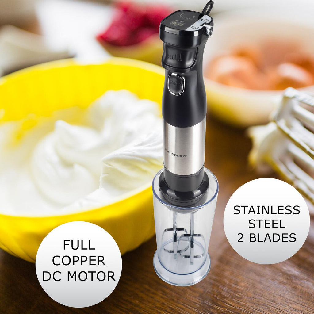 Blender 2 in 1 HAUSBERG HB-7704IN cu putere 1000W, Mixer vertical profesional, 10 trepte de viteza si functie Turbo, Capacitate pahar 700 ml , Multifunctional, Negru