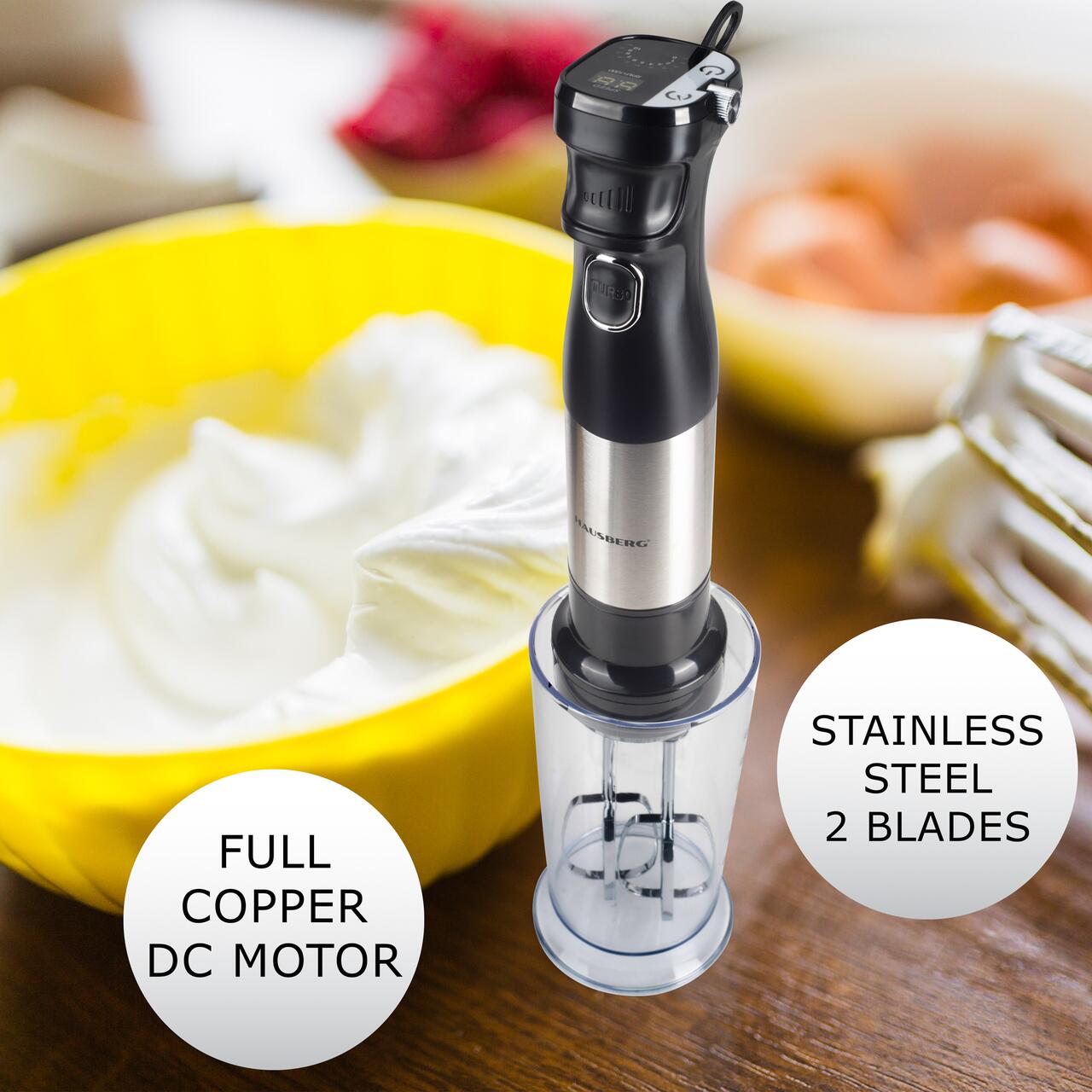 Blender 2 in 1 HAUSBERG HB-7704IN cu putere 1000W, Mixer vertical profesional, 10 trepte de viteza si functie Turbo, Capacitate pahar 700 ml , Multifunctional, Negru