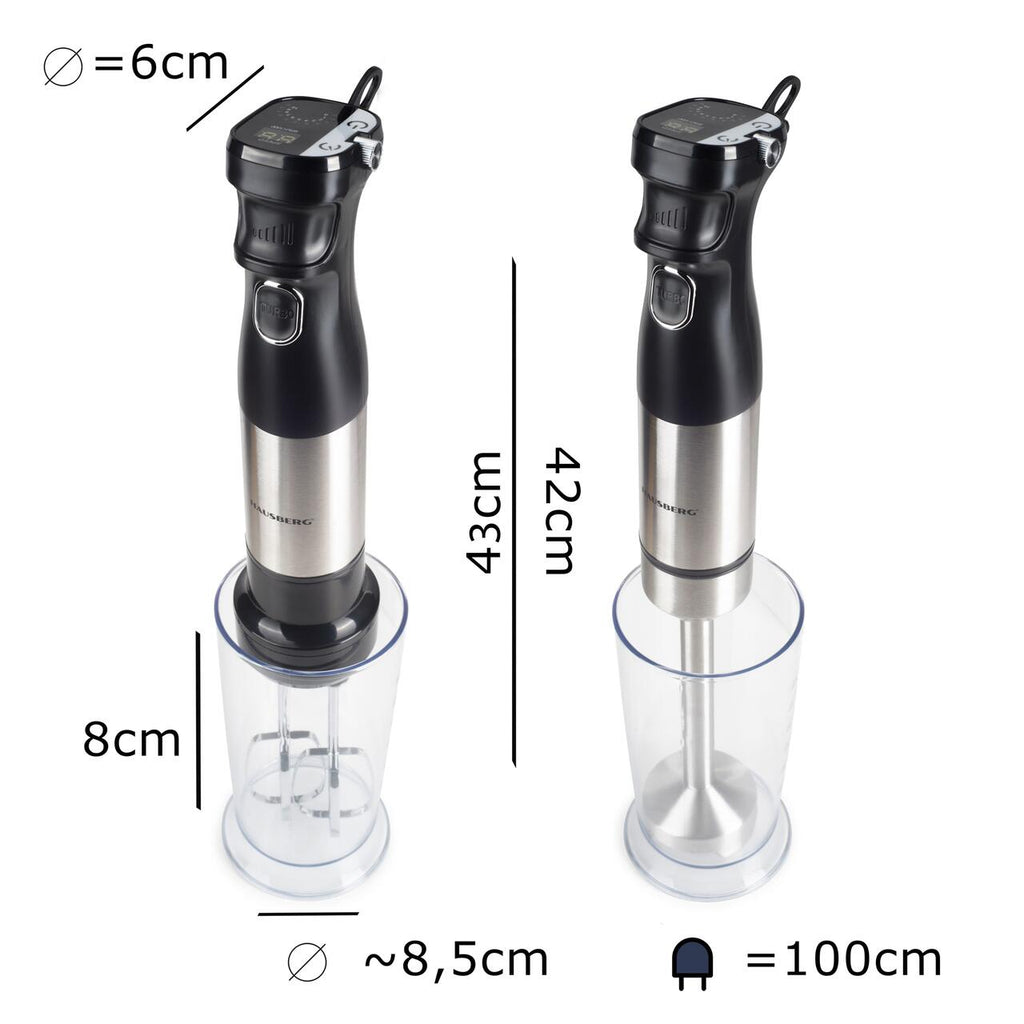 Blender 2 in 1 HAUSBERG HB-7704IN cu putere 1000W, Mixer vertical profesional, 10 trepte de viteza si functie Turbo, Capacitate pahar 700 ml , Multifunctional, Negru