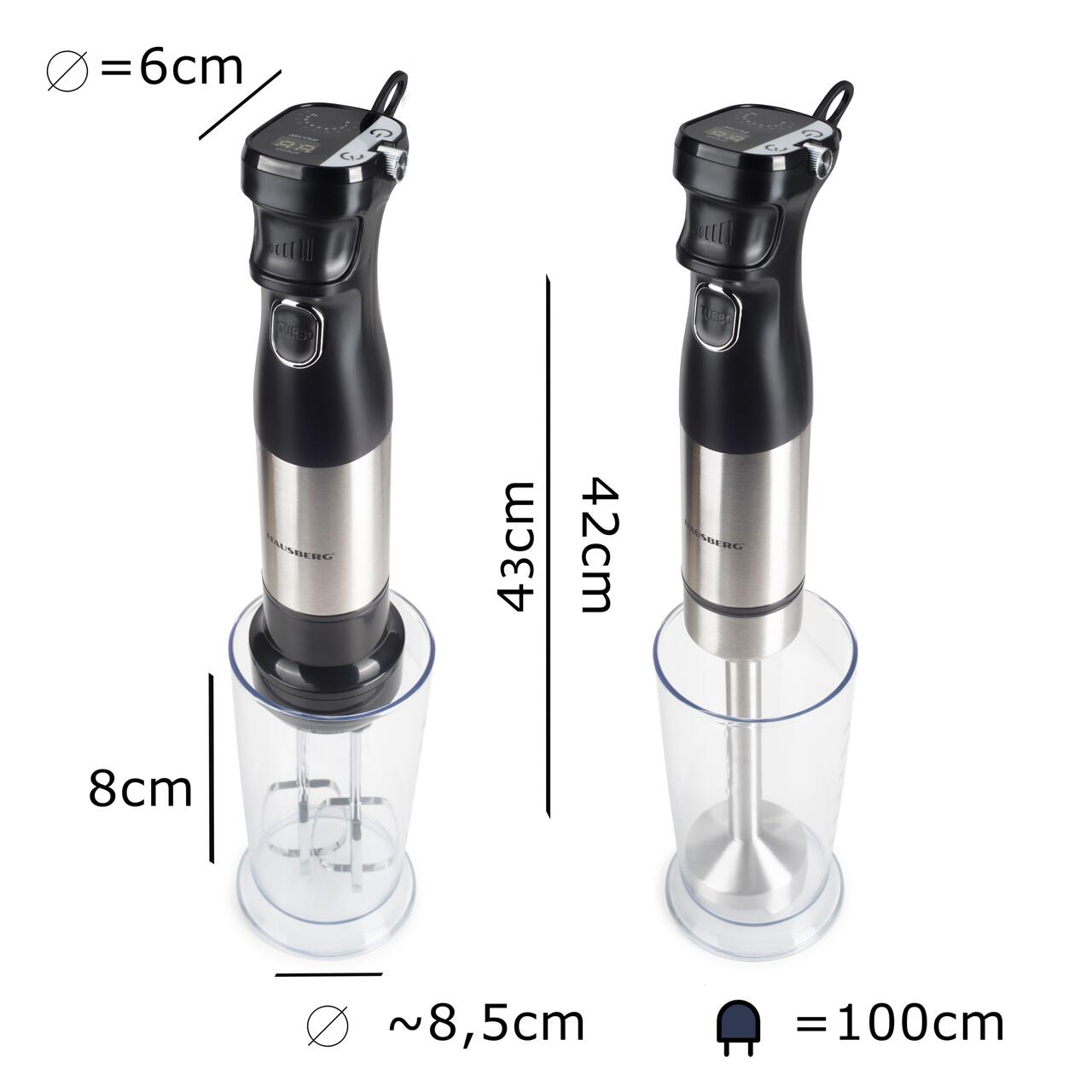 Blender 2 in 1 HAUSBERG HB-7704IN cu putere 1000W, Mixer vertical profesional, 10 trepte de viteza si functie Turbo, Capacitate pahar 700 ml , Multifunctional, Negru