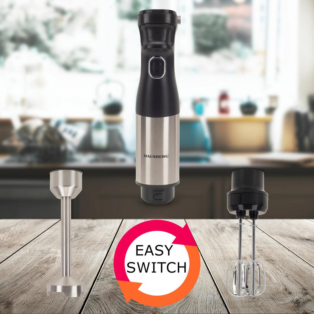 Blender 2 in 1 HAUSBERG HB-7704IN cu putere 1000W, Mixer vertical profesional, 10 trepte de viteza si functie Turbo, Capacitate pahar 700 ml , Multifunctional, Negru