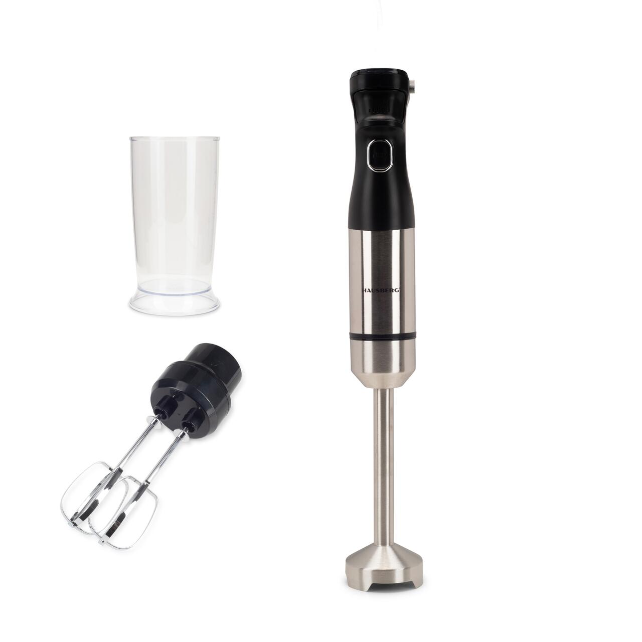 Blender 2 in 1 HAUSBERG HB-7704IN cu putere 1000W, Mixer vertical profesional, 10 trepte de viteza si functie Turbo, Capacitate pahar 700 ml , Multifunctional, Negru