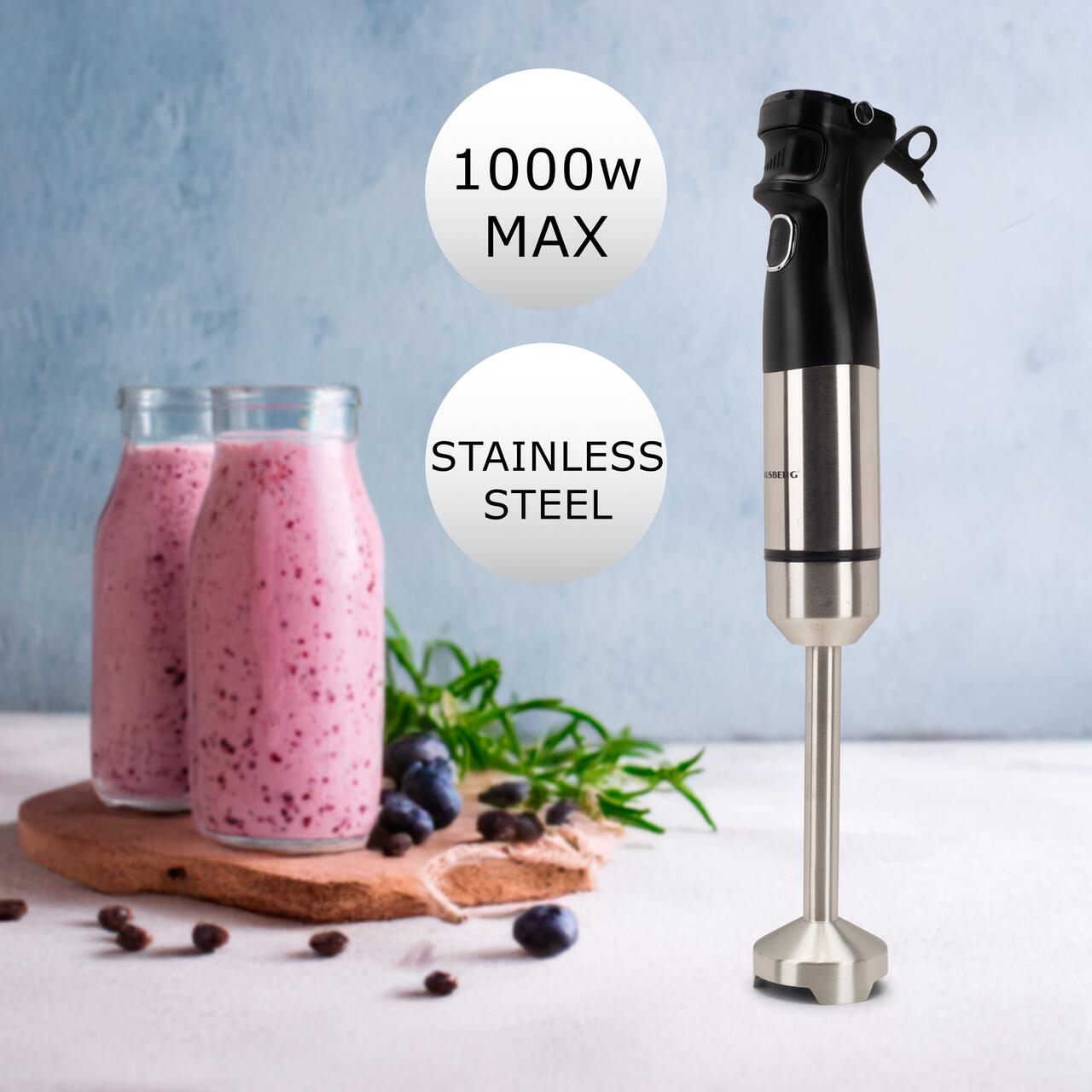 Blender 2 in 1 HAUSBERG HB-7704IN cu putere 1000W, Mixer vertical profesional, 10 trepte de viteza si functie Turbo, Capacitate pahar 700 ml , Multifunctional, Negru