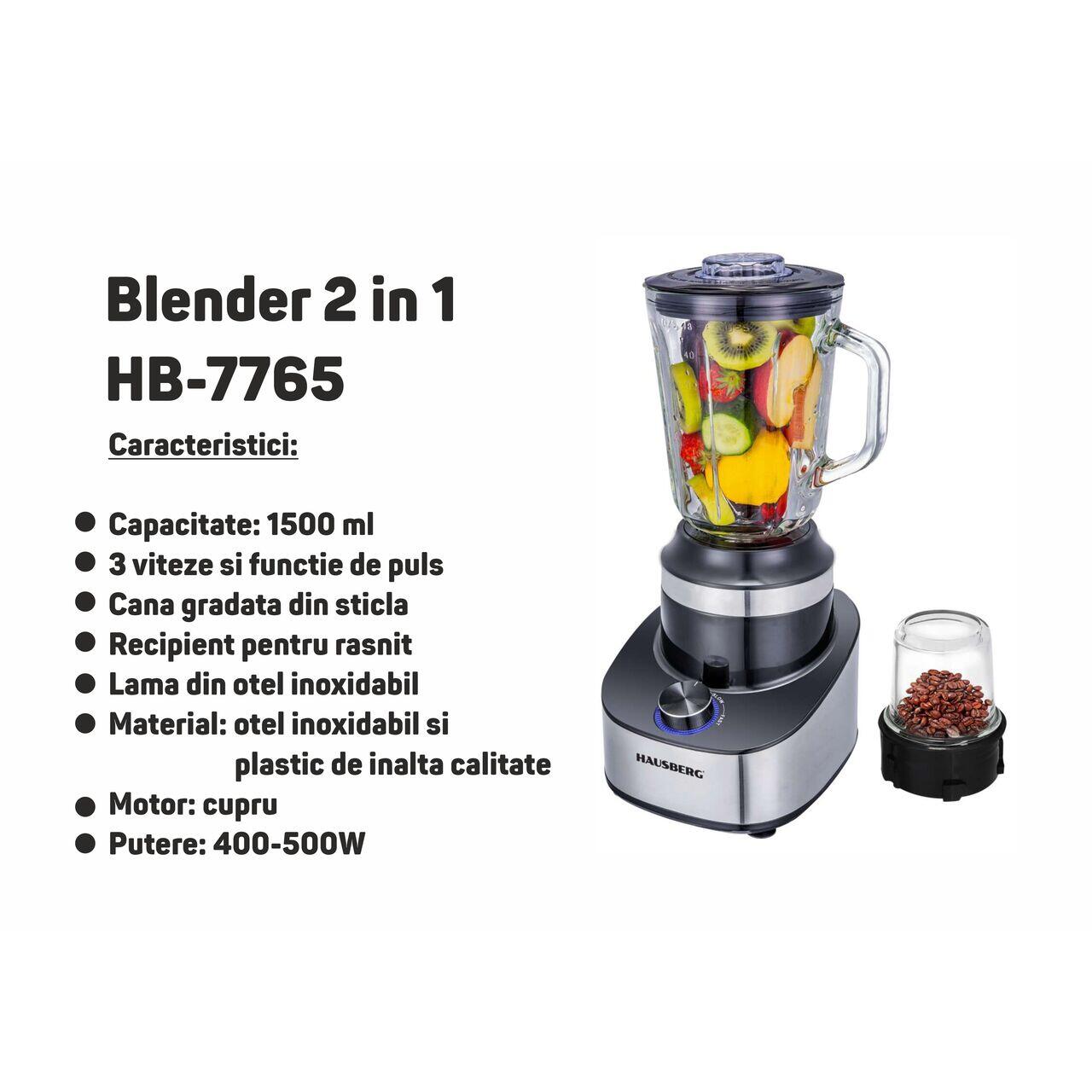 Blender 2 in 1 HAUSBERG HB-7765, 400-500W, 1.5 L, 3 viteze + Pulse, Negru-Inox Imagine secundară a produsului