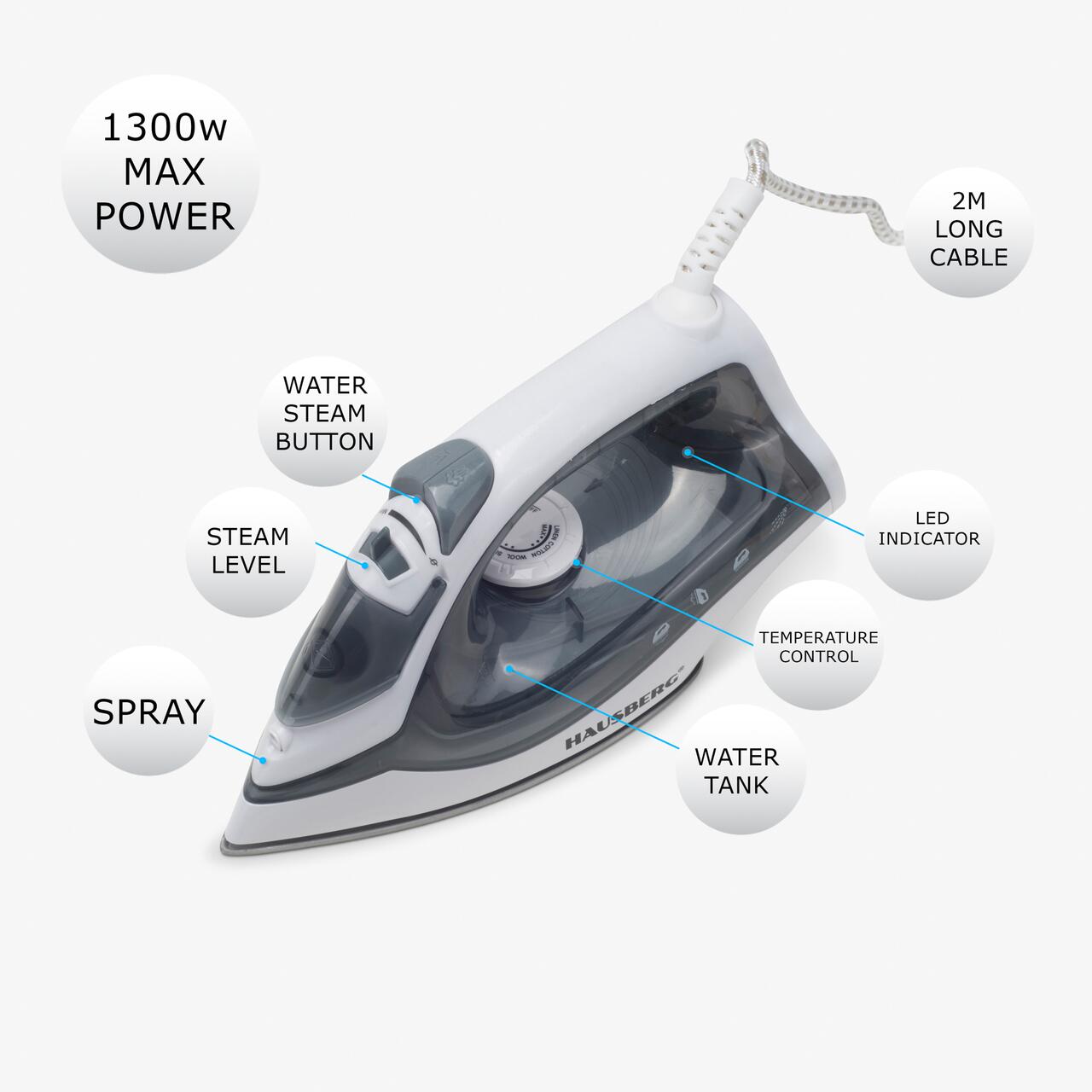 Fier de calcat Hausberg HB-7807VR, talpa ceramica, jet de abur 12g/min, abur pe verticala 25g/min, sistem antipicurare, sistem autocuratare, 2200W