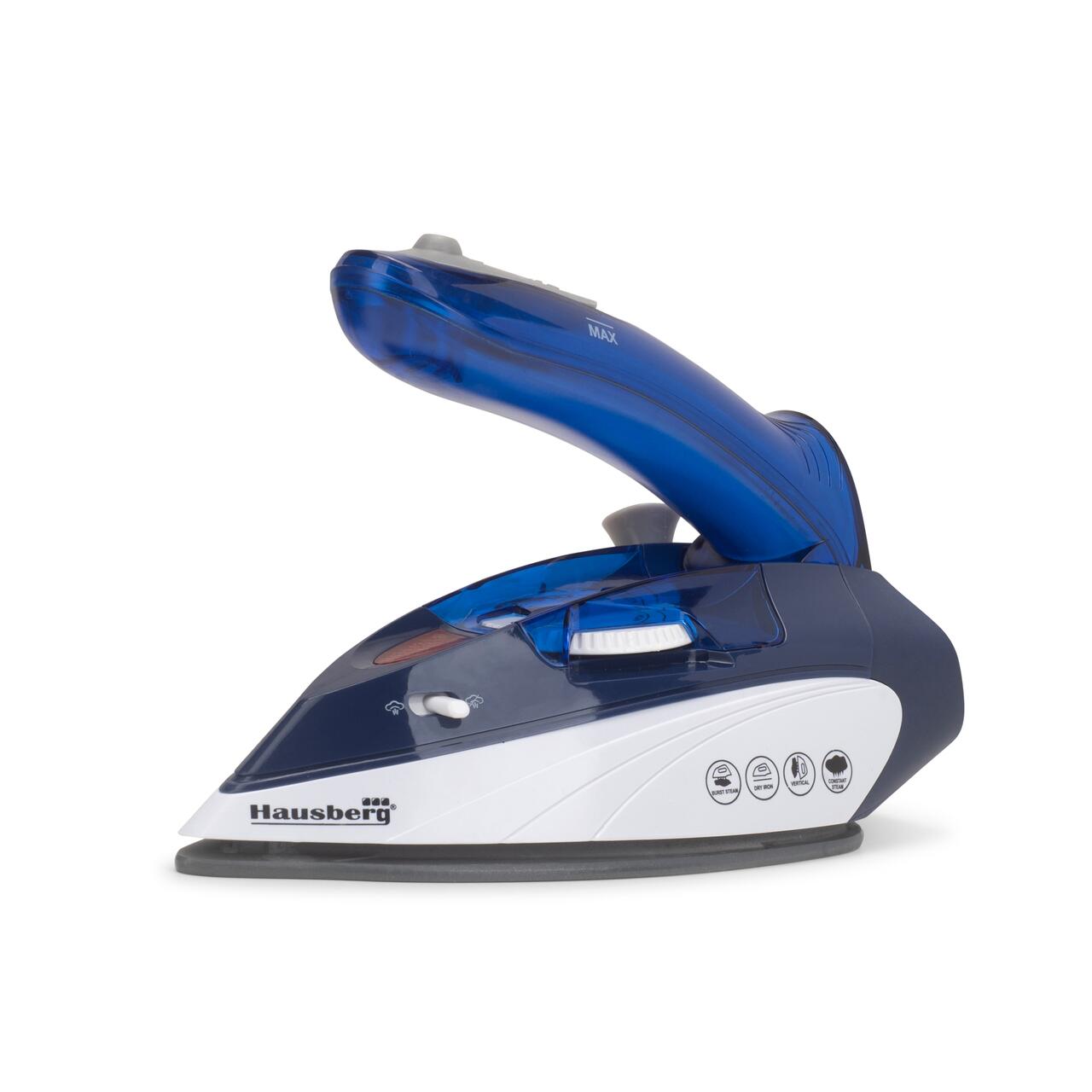 Mini fier de calcat Hausberg HB-7810BL, 1000 W, De voiaj, 75 ml, Ceramica, Auto curatarе, Alb-Albastru