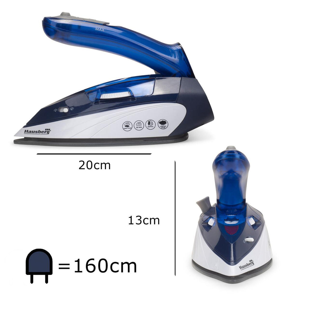 Mini fier de calcat Hausberg HB-7810BL, 1000 W, De voiaj, 75 ml, Ceramica, Auto curatarе, Alb-Albastru