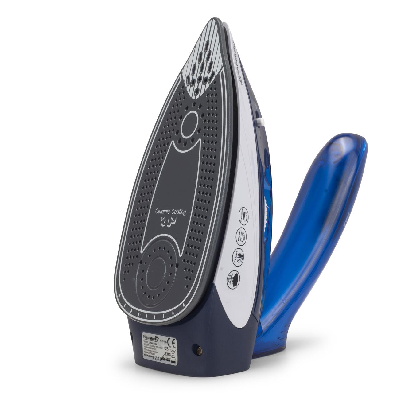 Mini fier de calcat Hausberg HB-7810BL, 1000 W, De voiaj, 75 ml, Ceramica, Auto curatarе, Alb-Albastru