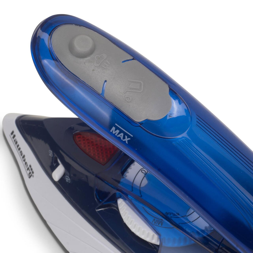 Mini fier de calcat Hausberg HB-7810BL, 1000 W, De voiaj, 75 ml, Ceramica, Auto curatarе, Alb-Albastru