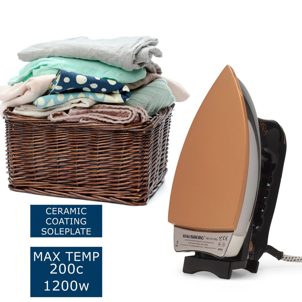Fier de calcat Retro HAUSBERG HB-7817NG, 1000-1200W, Talpa acoperit ceramic turnat, Termostat, 6 Setari temperatura, Indicator luminos, Protectie supraincalzire, Temperatura 200°C, Negru