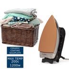 Fier de calcat Retro HAUSBERG HB-7817NG, 1000-1200W, Talpa acoperit ceramic turnat, Termostat, 6 Setari temperatura, Indicator luminos, Protectie supraincalzire, Temperatura 200°C, Negru