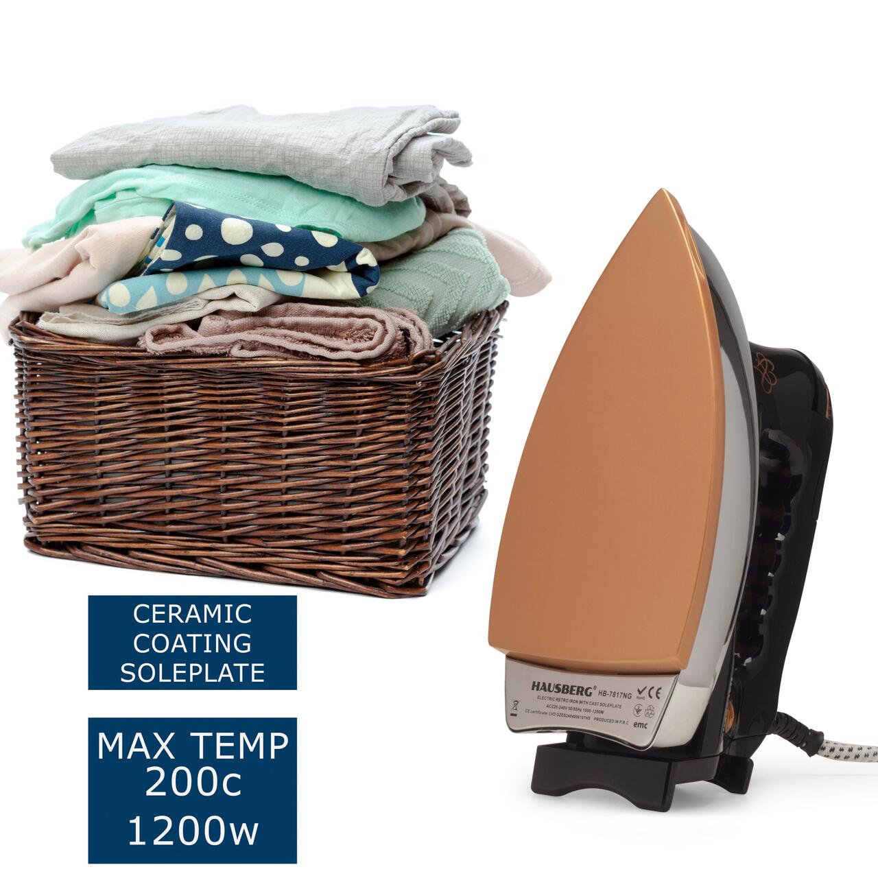 Fier de calcat Retro HAUSBERG HB-7817NG, 1000-1200W, Talpa acoperit ceramic turnat, Termostat, 6 Setari temperatura, Indicator luminos, Protectie supraincalzire, Temperatura 200°C, Negru