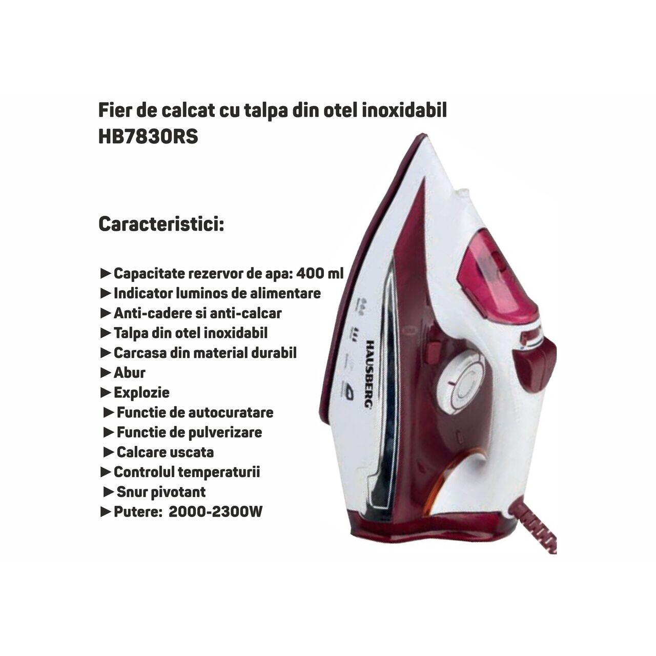 Fier de calcat cu talpa din otel inoxidabil HAUSBERG HB-HB7830RS, 2000-2300 W, 400 ml, Alb-Rosu Imagine secundară a produsului