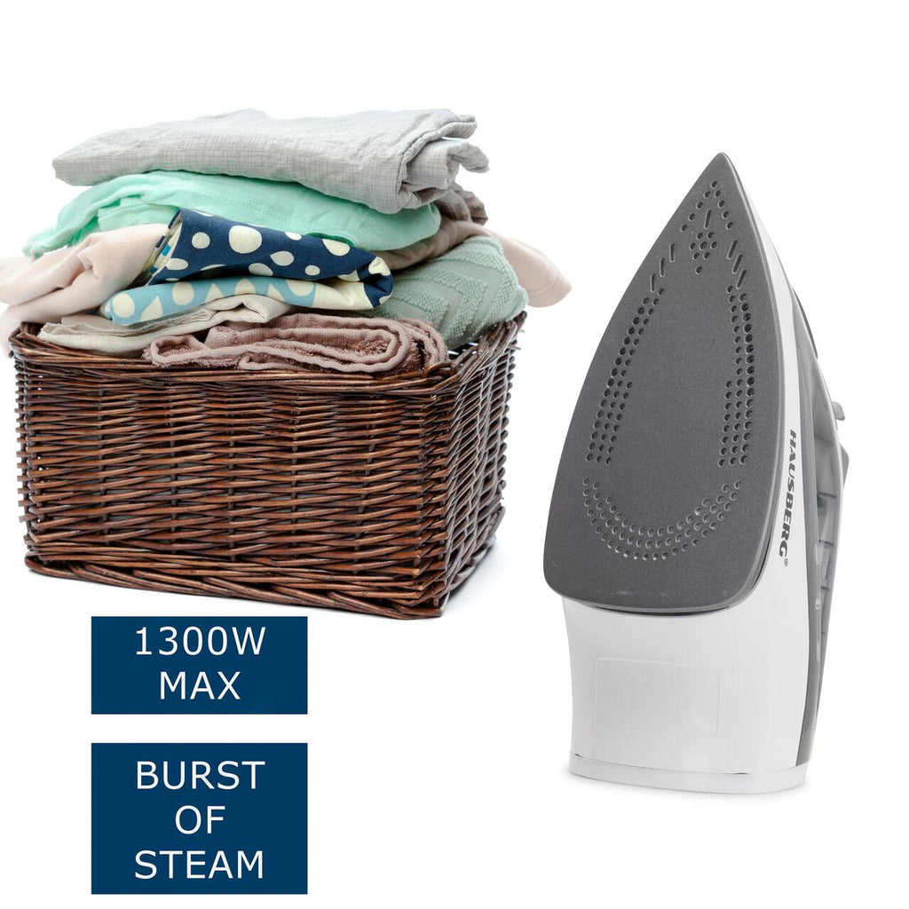 Fier de calcat Hausberg HB-7850GR, 1300W, talpa invelis ceramic, abur vertical, calcare uscata, autocuratare, pulverizare, rezervor 130ml, Gri