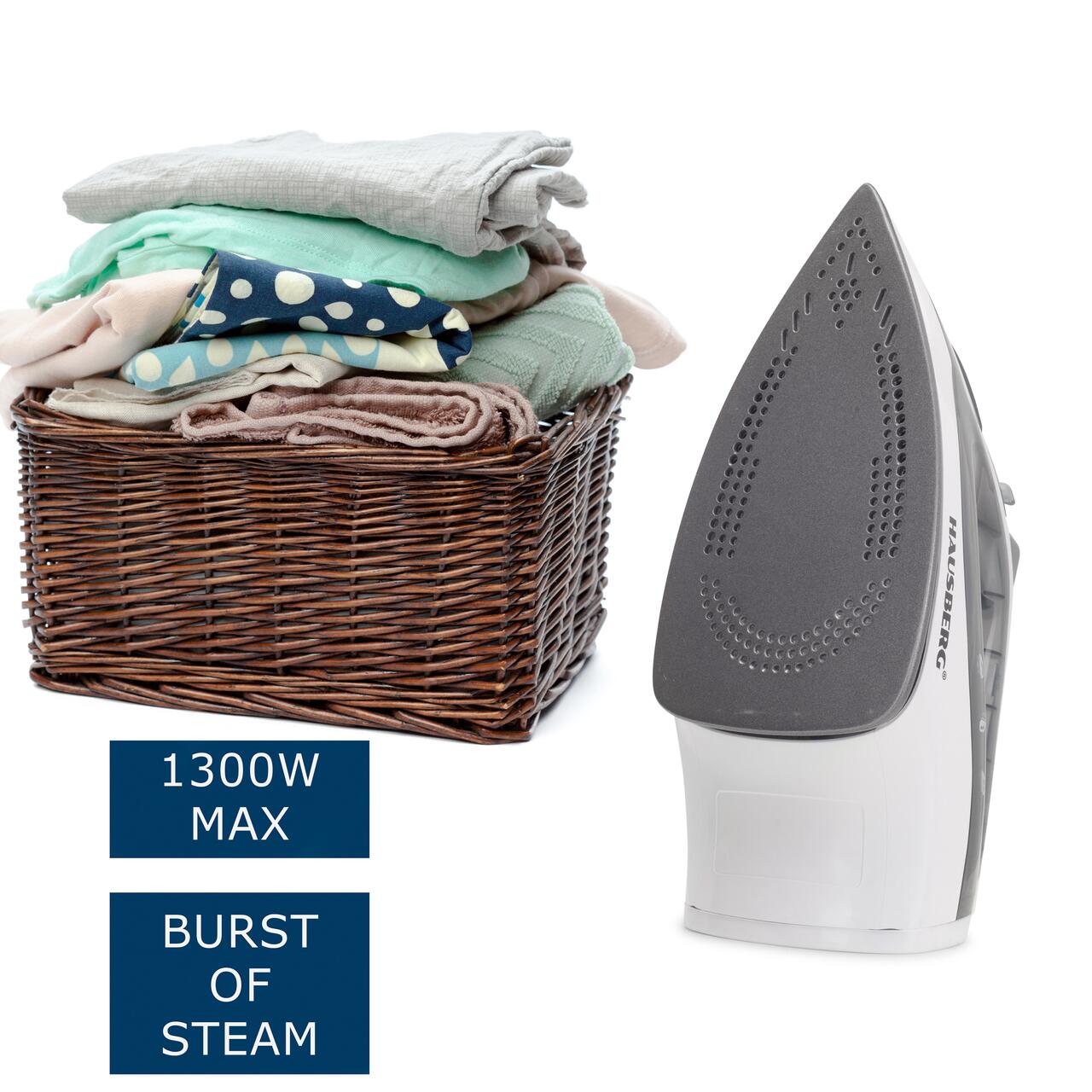 Fier de calcat Hausberg HB-7850GR, 1300W, talpa invelis ceramic, abur vertical, calcare uscata, autocuratare, pulverizare, rezervor 130ml, Gri