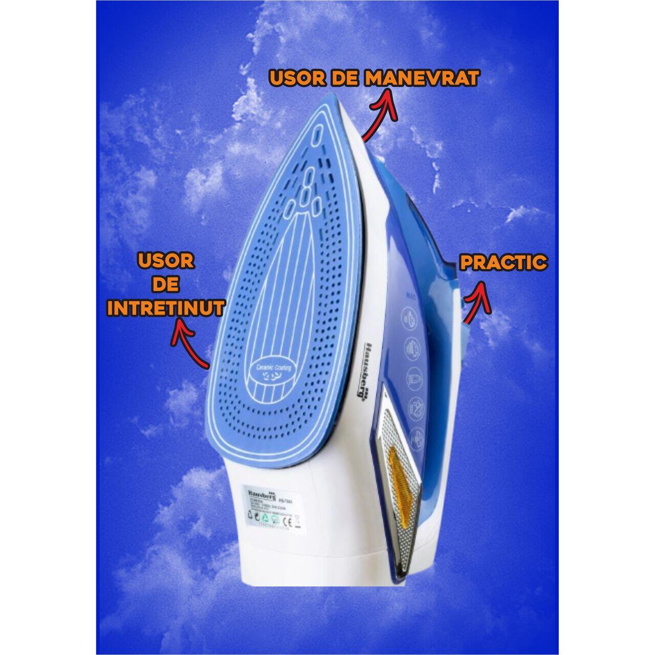 Fier de calcat Hausberg HB-7880BL, 2300W, Talpa cu invelis ceramic, rezervor apa 400ml, Alb/Albastru