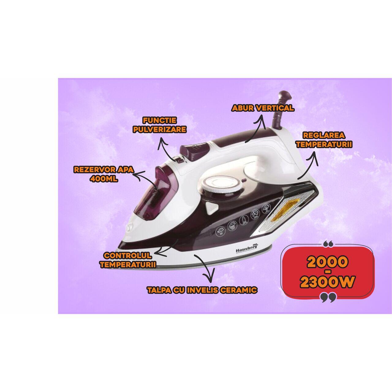 Fier de calcat Hausberg HB-7880MV, 2300W, Talpa cu invelis ceramic, rezervor apa 400ml, Alb-Mov