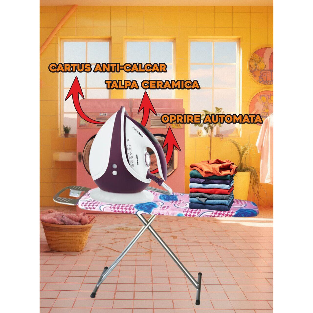 Statie de calcat HAUSBERG HB-7930MV, 2000-2400 W, 5 bar, 1.2 L, 35g/min, cartus anti-calcar, talpa ceramica, oprire automata, Alb/Mov