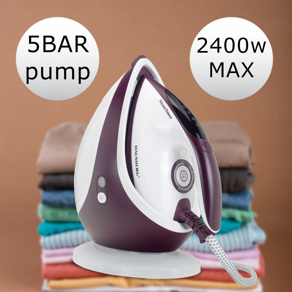Statie de calcat HAUSBERG HB-7930MV, 2000-2400 W, 5 bar, 1.2 L, 35g/min, cartus anti-calcar, talpa ceramica, oprire automata, Alb/Mov