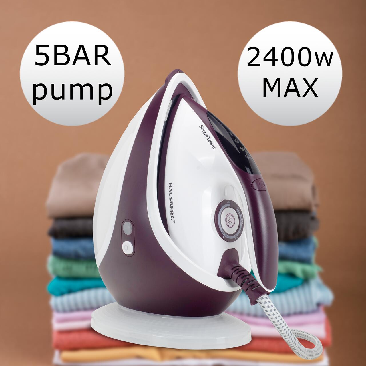 Statie de calcat HAUSBERG HB-7930MV, 2000-2400 W, 5 bar, 1.2 L, 35g/min, cartus anti-calcar, talpa ceramica, oprire automata, Alb/Mov