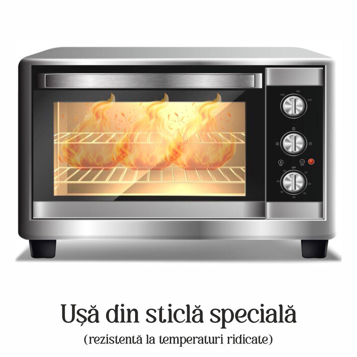 Cuptor electric Rustic HAUSBERG HB-8001RST, 1400W, 48l, Timer mecanic, Termostat reglabil, 4 nivele de inaltime a tavii, usa din sticla rezistenta la temperature ridicate, panou mecanic, Negru-Auriu